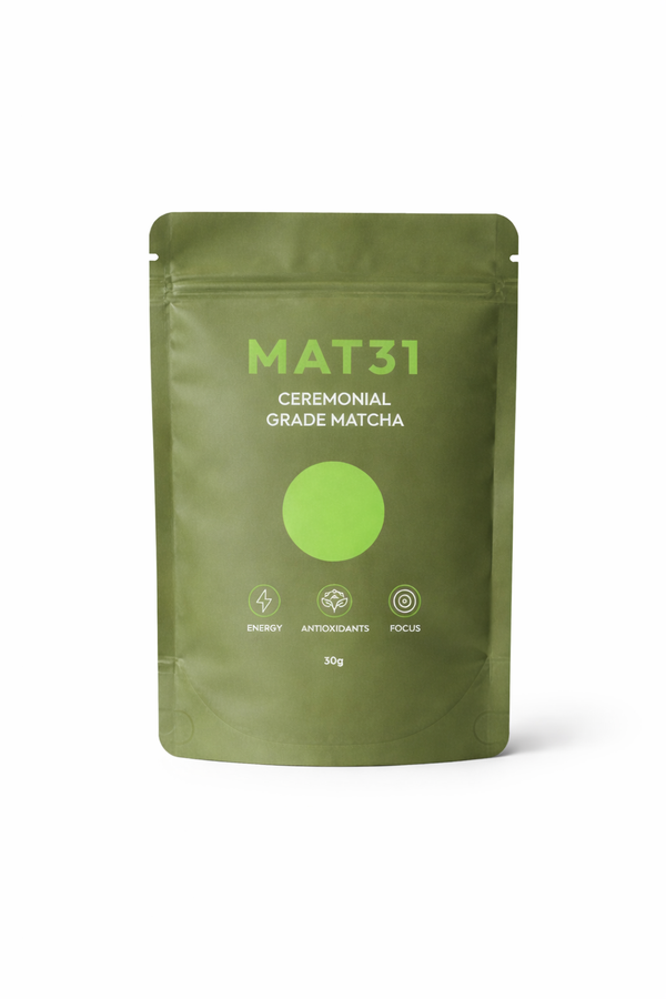 MAT31 Ceremonial Grade Matcha in matte donkergroene hersluitbare zak van 30 gram.
