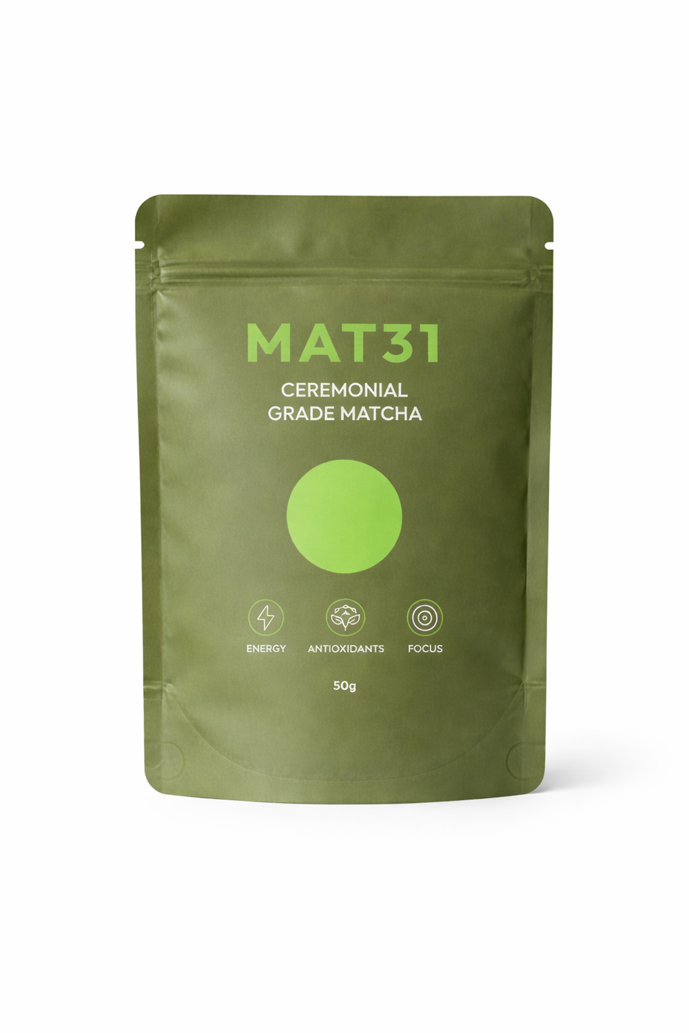 MAT31 Ceremonial Grade Matcha in donkergroene stazak van 50 gram met hersluitbare sluiting.